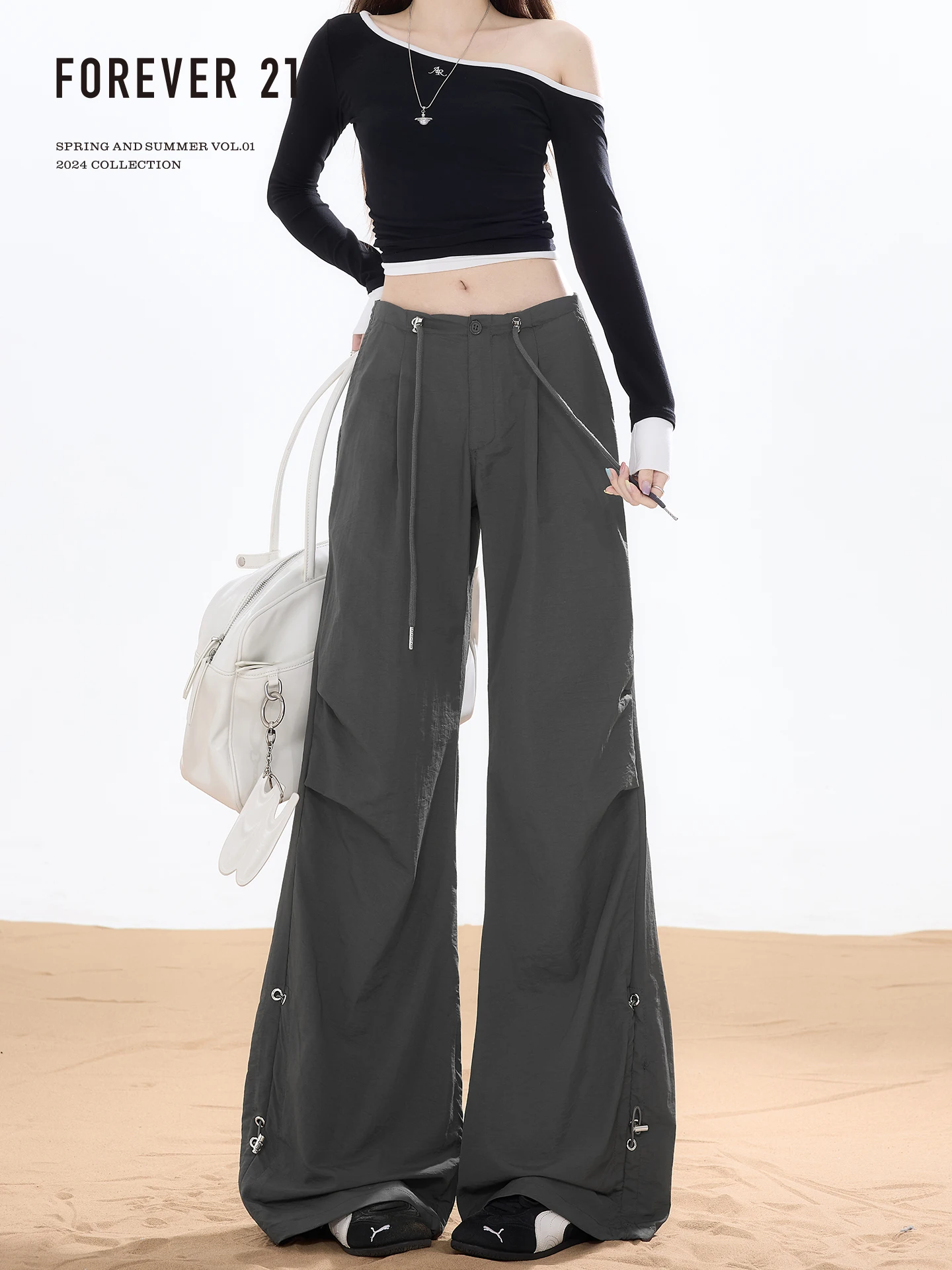 Forever 21 American Style Low Waist Workwear Casual Pants Women's Retro Grey Drape Loose Wide Leg Paratrooper Pants