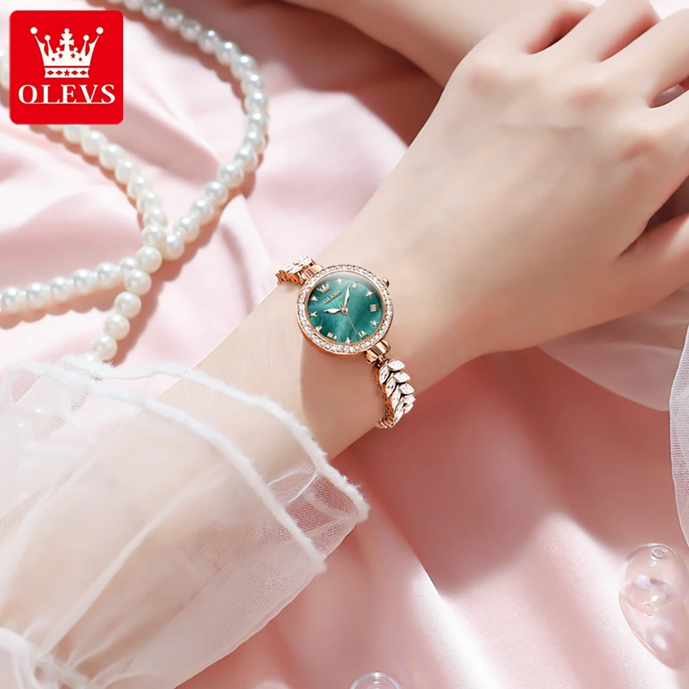 Luxury OLEVS Female Quartz Watch Crystal Inlaid Bezel Green Sunburst Dial Rose Gold Bracelet Ladies Dress Wristwatch Gift