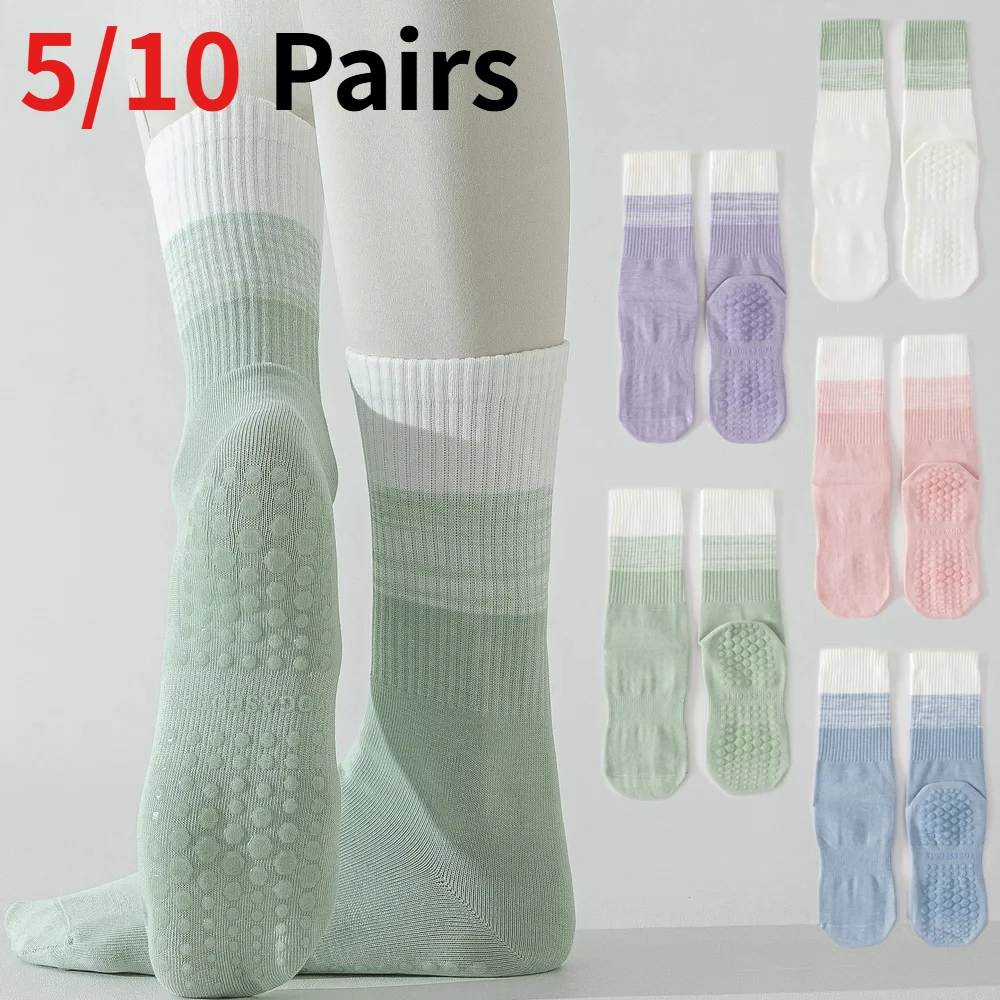 

1/5/10 Pairs Women Non Slip Yoga Socks Cotton Breathable Mid Calf Pilates Dance Fitness Training Sports Socks EU 36-42