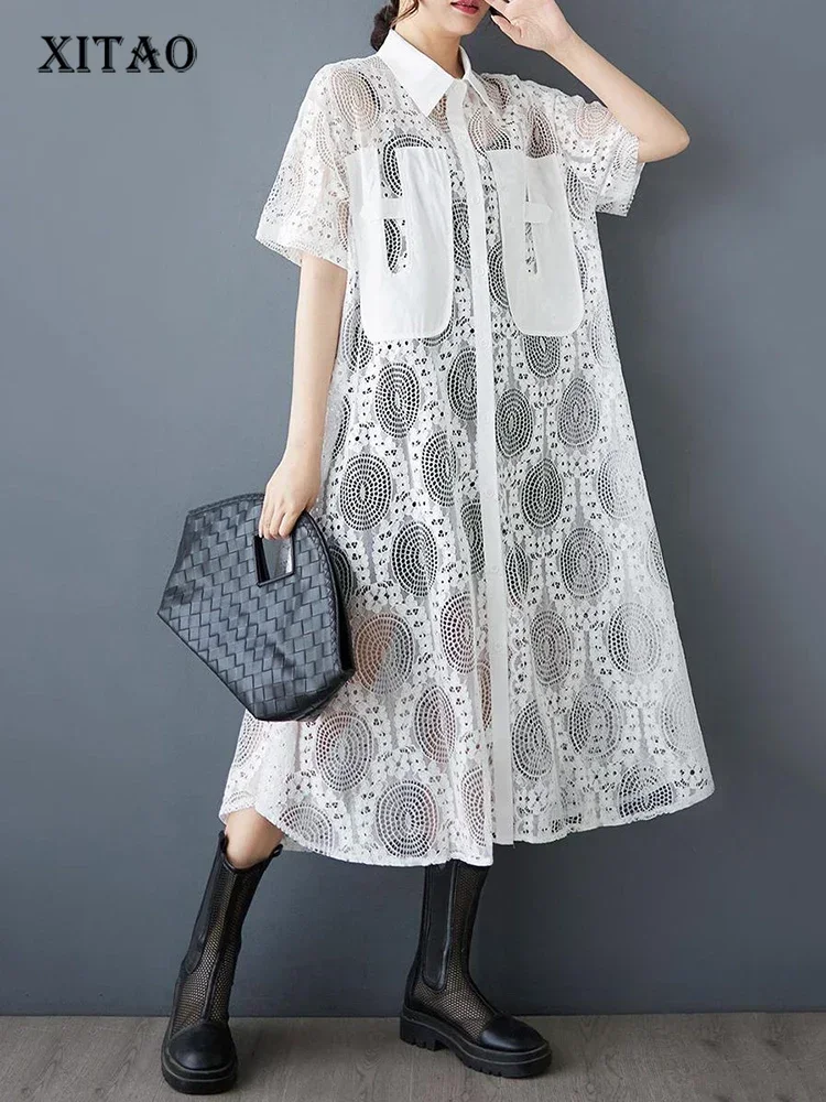 

XITAO A-line Solid Color Casual Turn-down Collar Half Sleeve Dress Patchwork Mesh Hollow Out Loose Summer Female Dress GMM1085