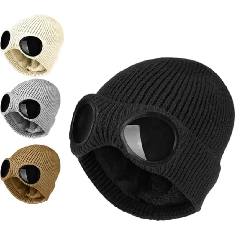 Ski Beanies Hat Winter Knitted Hat with Goggles Windproof Soft Warm Anti-slip Ear Protection Winter Warmer for Men Women Ski Hat