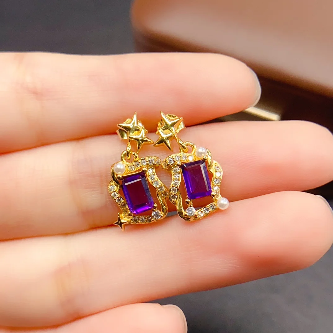 4*6mm 천연 자수정 귀걸이 S925 스털링 실버 인증서 고급 패션 참 웨딩 주얼리 여성용 FS