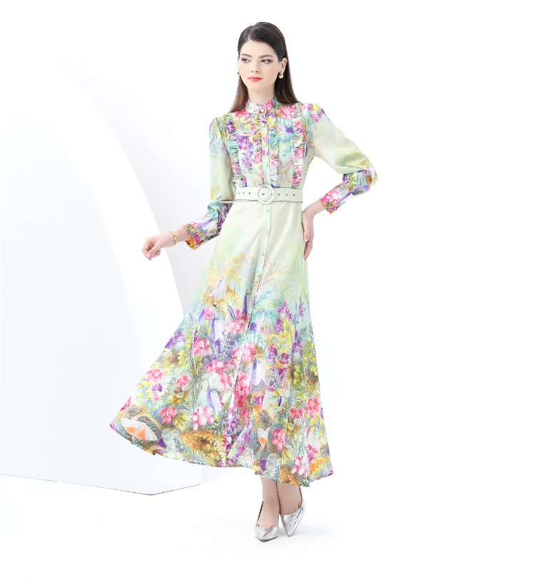 ZAROY Abito lungo con stampa floreale Abbigliamento da vacanza per donna Manica lunga Colletto alla coreana Cintura Abito lungo a trapezio Abiti di lusso Abiti