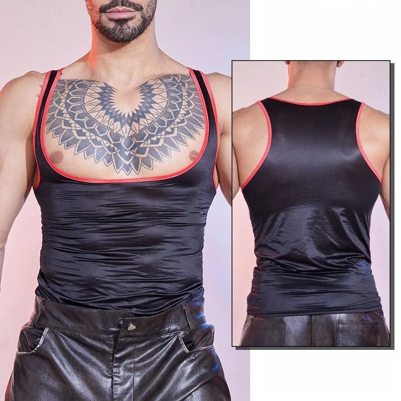 رجل شبكة Singlets العضلات القمم ساحة الرقبة منخفضة الصدر قميص النفط لامعة لامعة شير كمال الاجسام سترة دون أكمام محدد شكل الجسم #5