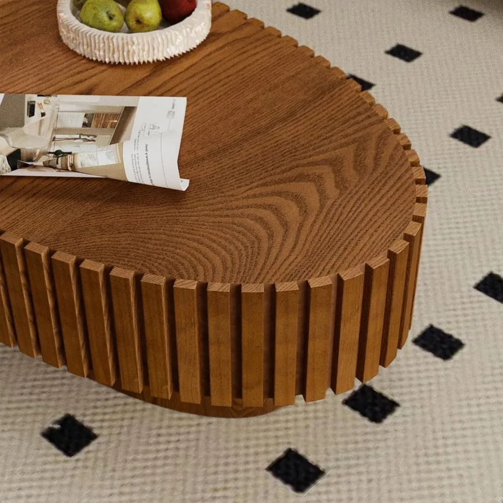Modern Oval Fluted Coffee Table - Sturdy Pedestal Design, 43.3 Olive-Shaped Wood Drum Table for Living Room