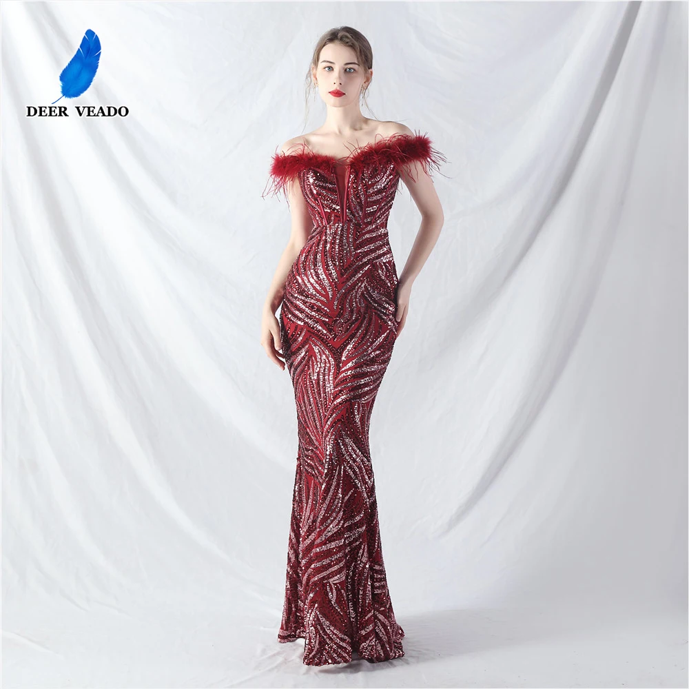 

DEERVEADO Women's Mermaid Off Shoulder Evening Dresses with Feathers Elegant Formal Occasion Dress Sequins Dress Gala Party Gown