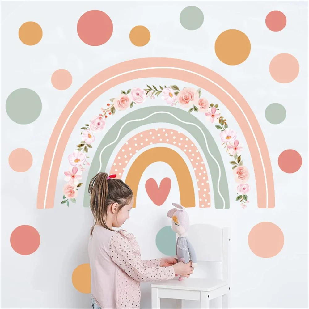 Boho Roze Kleurrijke Grote Regenbogen Stippen Muurstickers Nursery Meisjes Jongens Slaapkamer Art Dieren Sticker Muurschildering Posters Home Decoratie