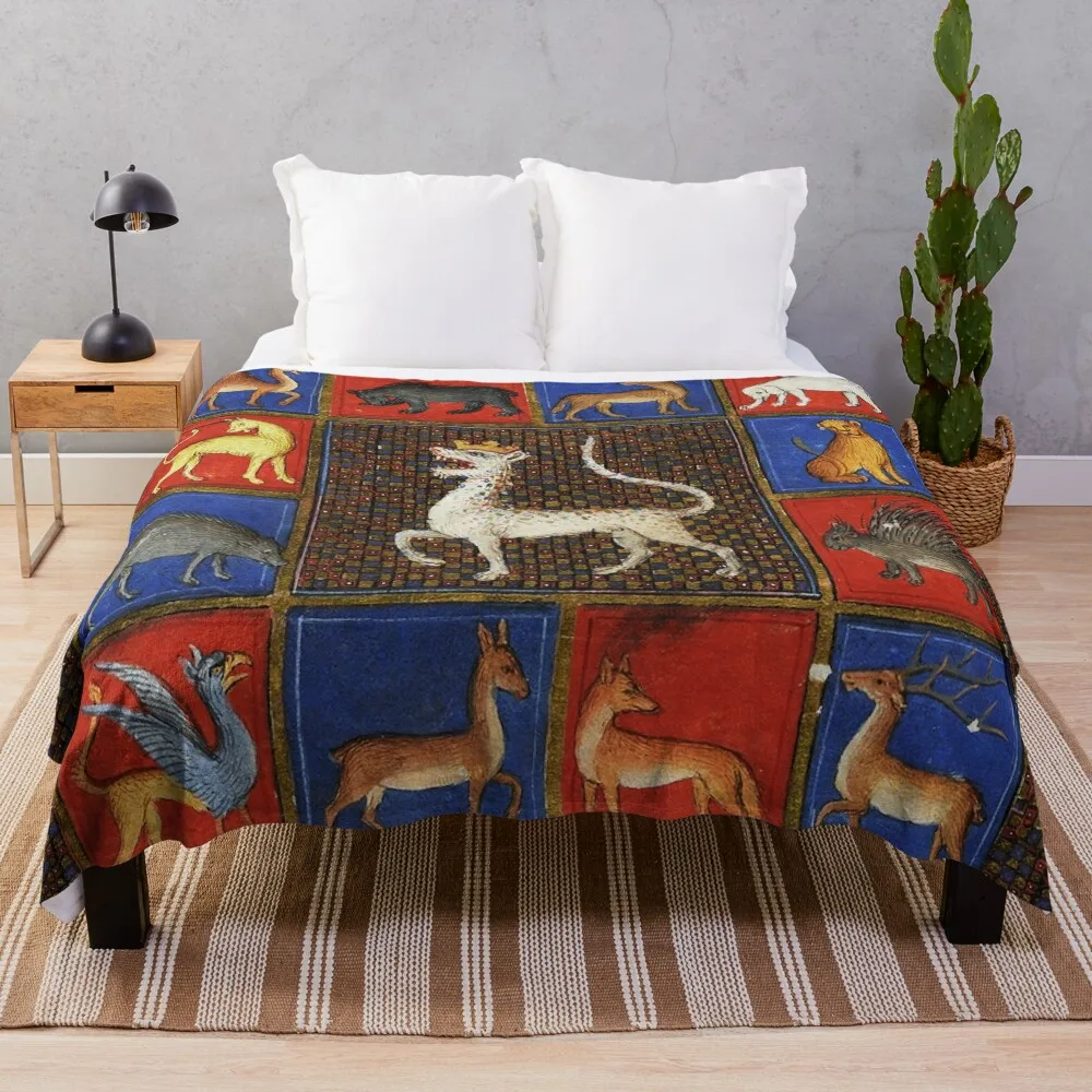 MEDIEVAL BESTIARY FANTASTIC ANIMALS IN RED BLUE WHITE COLORS Throw Blanket Hairy decorative Luxury Thicken Blankets