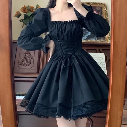 Vestido gótico Grunge Punk de Halloween para mujer, vestidos negros ajustados de encaje de manga larga, vestido de fiesta Y2K Harajuku Lolita Fairy Core
