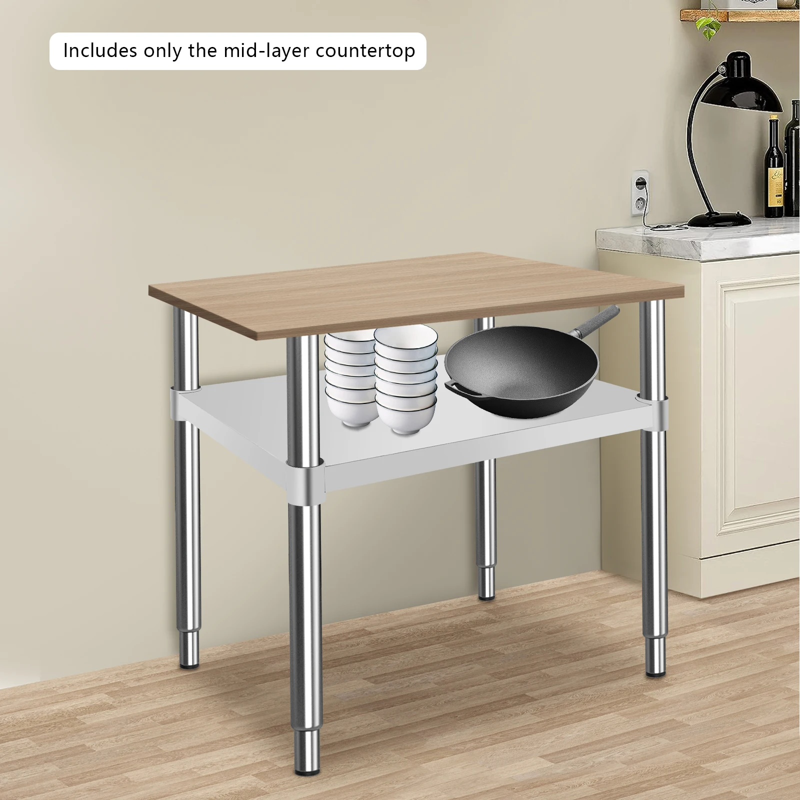 رف سفلي قابل للتعديل من الفولاذ المقاوم للصدأ باللون الفضي، طاولة عمل تحت الرف لطاولات العمل DuraSteel، بما في ذلك طاولات العمل القياسية #4