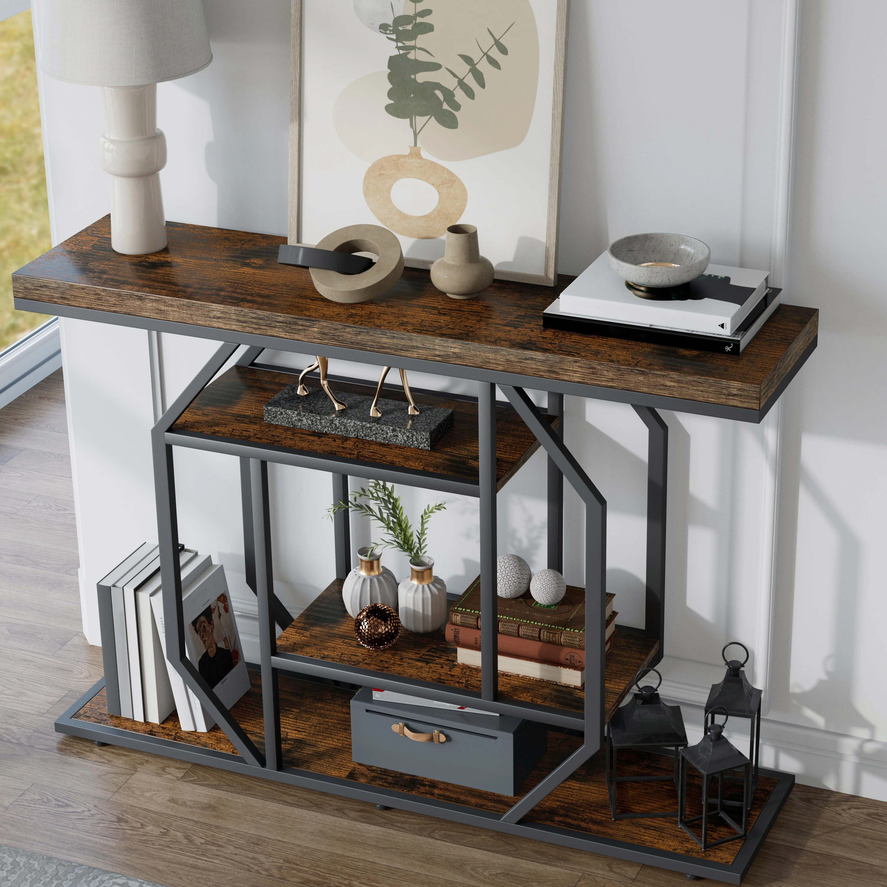 Narrow Wood Accent Tables with Storage Shelves for Living Room Industrial 4-Tier Sofa Table Entryway Table
