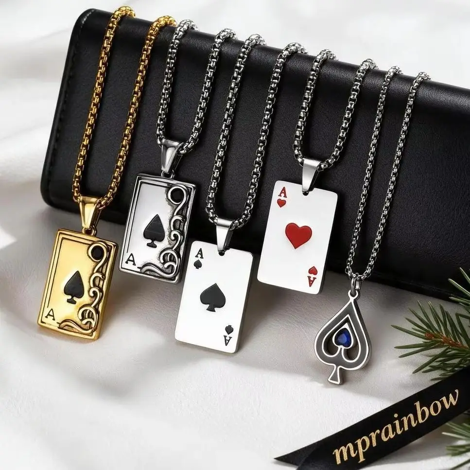 Hip Hop Stainless Steel Poker Card Ace of Spades Necklace for Men,Ace of Hearts Pendant Necklaces,Playing Cards Jewelry