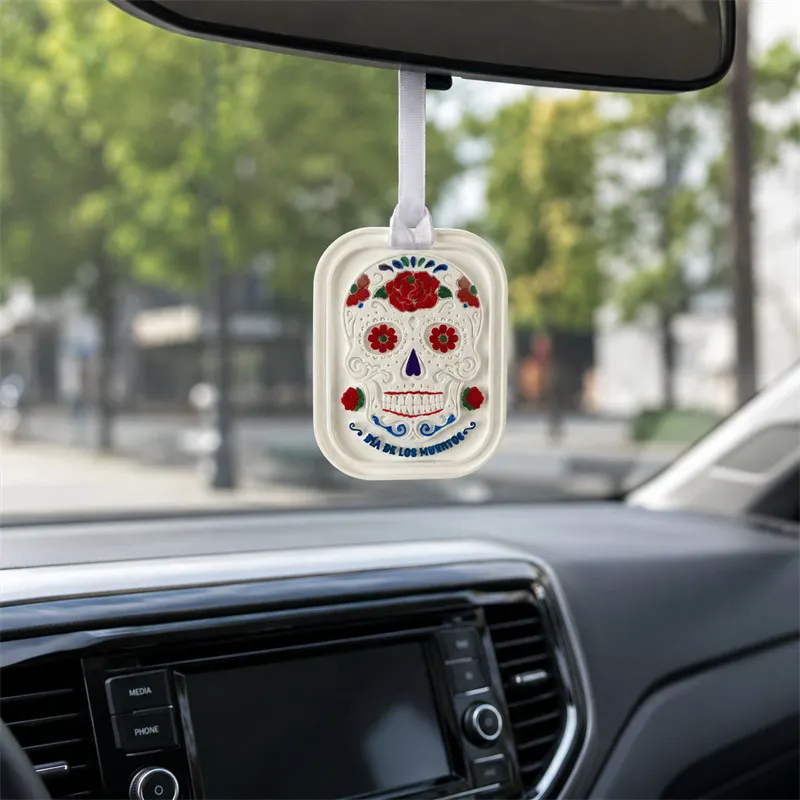 Calavera Skull Car Diffuser, Día de los Muertos Hanging Gypsum Air Freshener, Handmade Plaster Essential Oil Decor Ornament