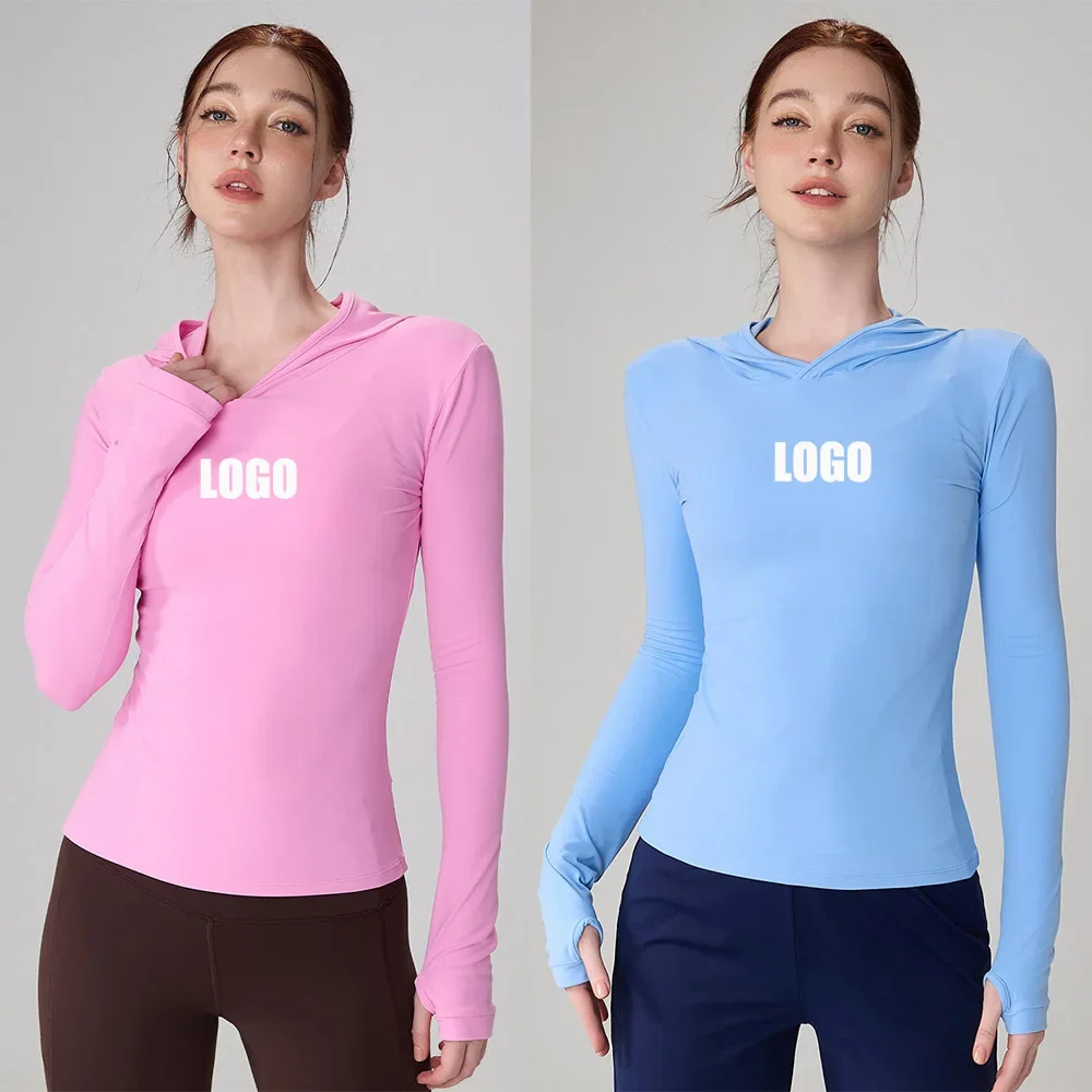 Customized LOGO Women's New Hooded Running Sports Leisure Fitness Finger Cover Slim Riding Yoga Long Sleeve Top