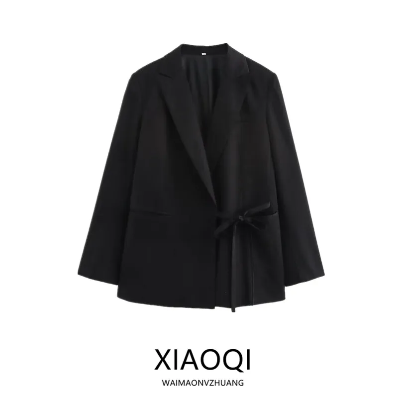 

Autumn Winter New Sle Women's Satin Wrap around Belted Suit Jaet Versatile Long Sve Regular Length Faionable