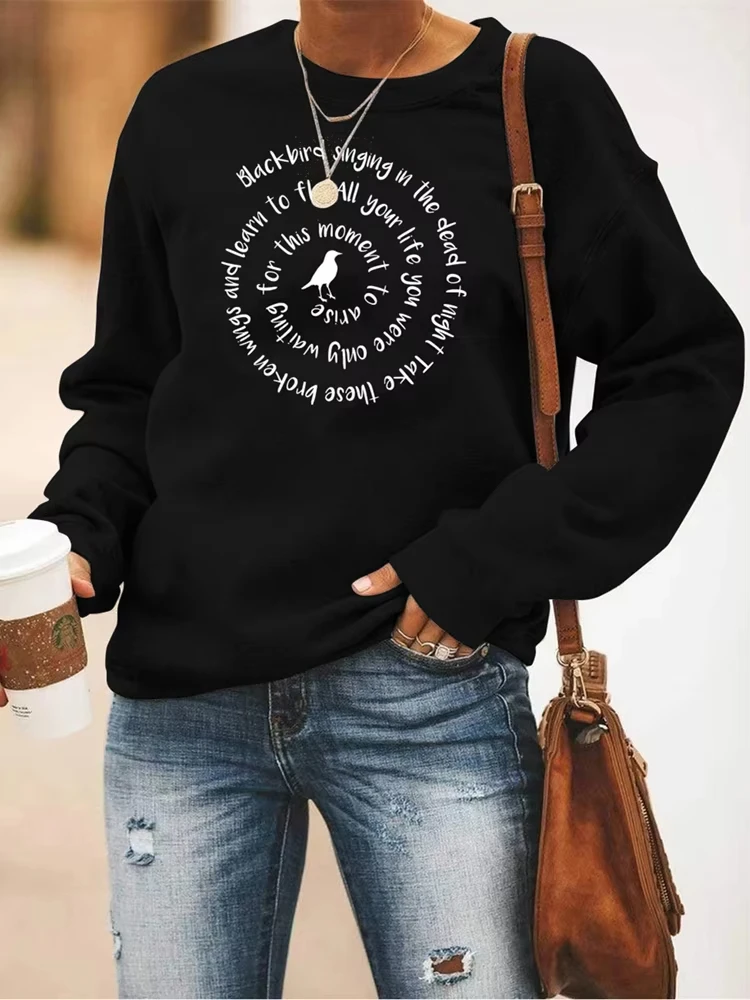 

Women Casual Sweatshirt Blackbird Singing in The Dead of Night Crewneck Sweatshirts Music Fans Gift Women Vintage Hoodies