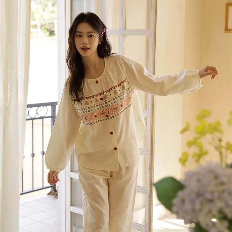 Cotton Double Gauze Pajama Set Women, Cartoon Strawberry Rabbit Print Long Sleeve Long Pants Loungewear, Soft Warm Home Clothes.