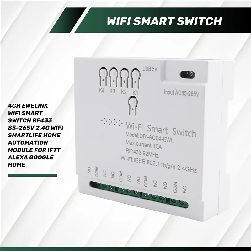 【Venda flash】4ch ewelink wifi interruptor inteligente rf433 85-265v 2.4g wifi smartlife módulo de automação residencial para iftt alexa google home ea
