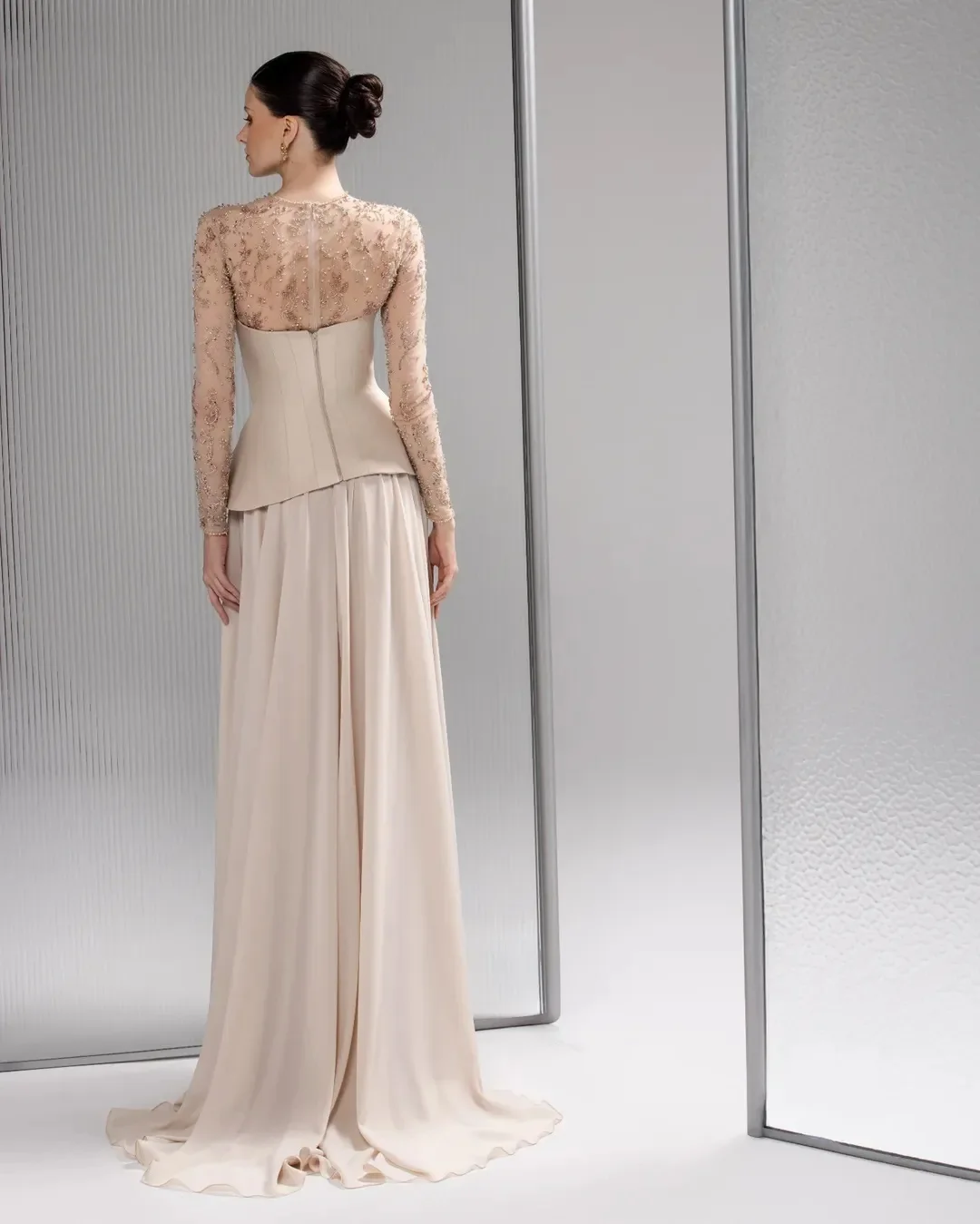 Design Sexy Luxury Beading Flowers Crystal Illusion Full Sleeves Evening Dress Side Slit Draped A Line Prom Formal Party Dress