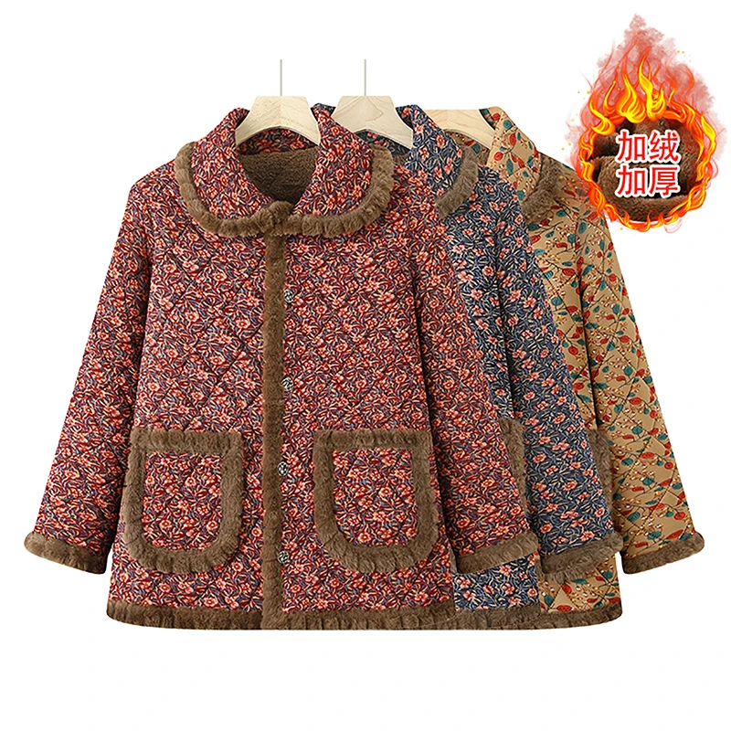 

Winter Thicken Parker Coat Fashion Printi Mother Wear Warm Quilted Velvet Jacket Middle-aged Women's Cotton Outwear
