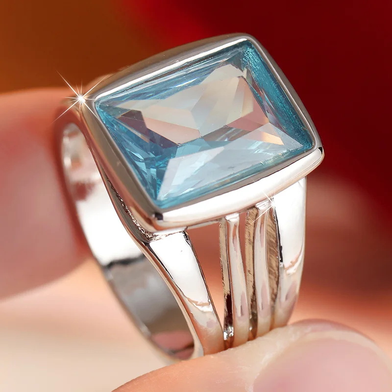 Damenmode-Ring in breiter Ausführung, rechteckiger, meerblauer synthetischer Zirkon, exquisiter Ring, schlichter, frischer Stil, Schmuckzubehör
