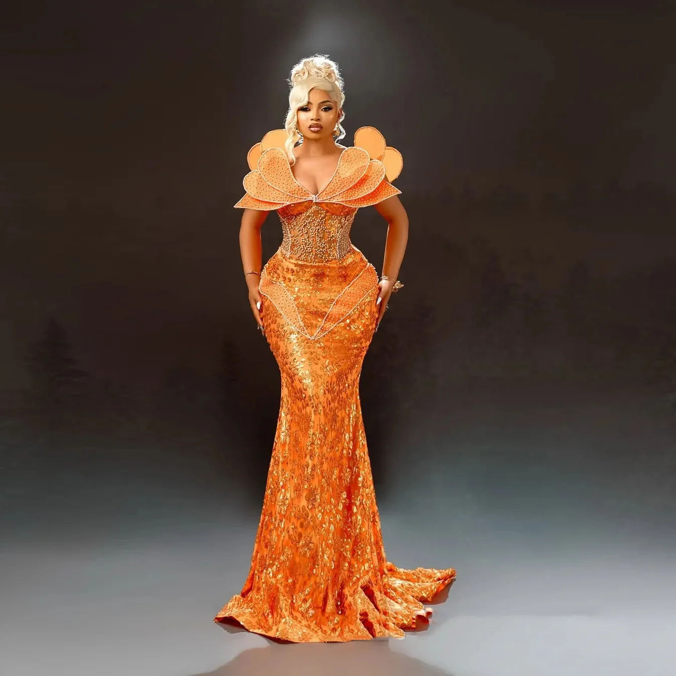 스팽글 비즈 장식 정장 가운 아소 에비 오렌지 머메이드 이브닝 드레스 스팽글 레이스업 백 플로럴 프롬 드레스 코르셋 화려한