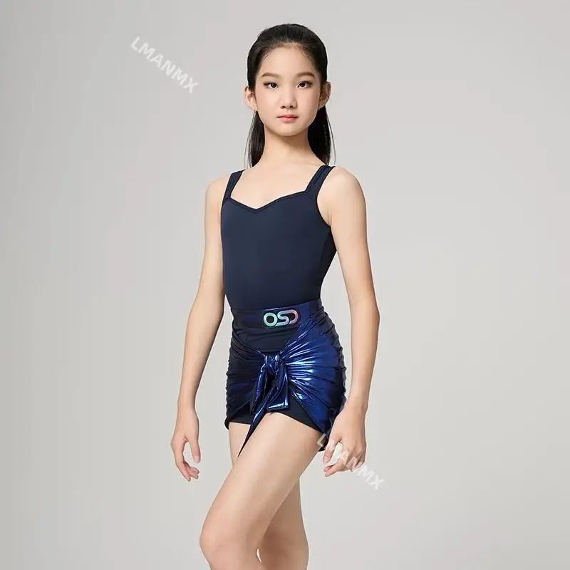 Children's Latin Dance 2025 Spring/Summer Color Label Bright Leather Strap Practice Clothes Set