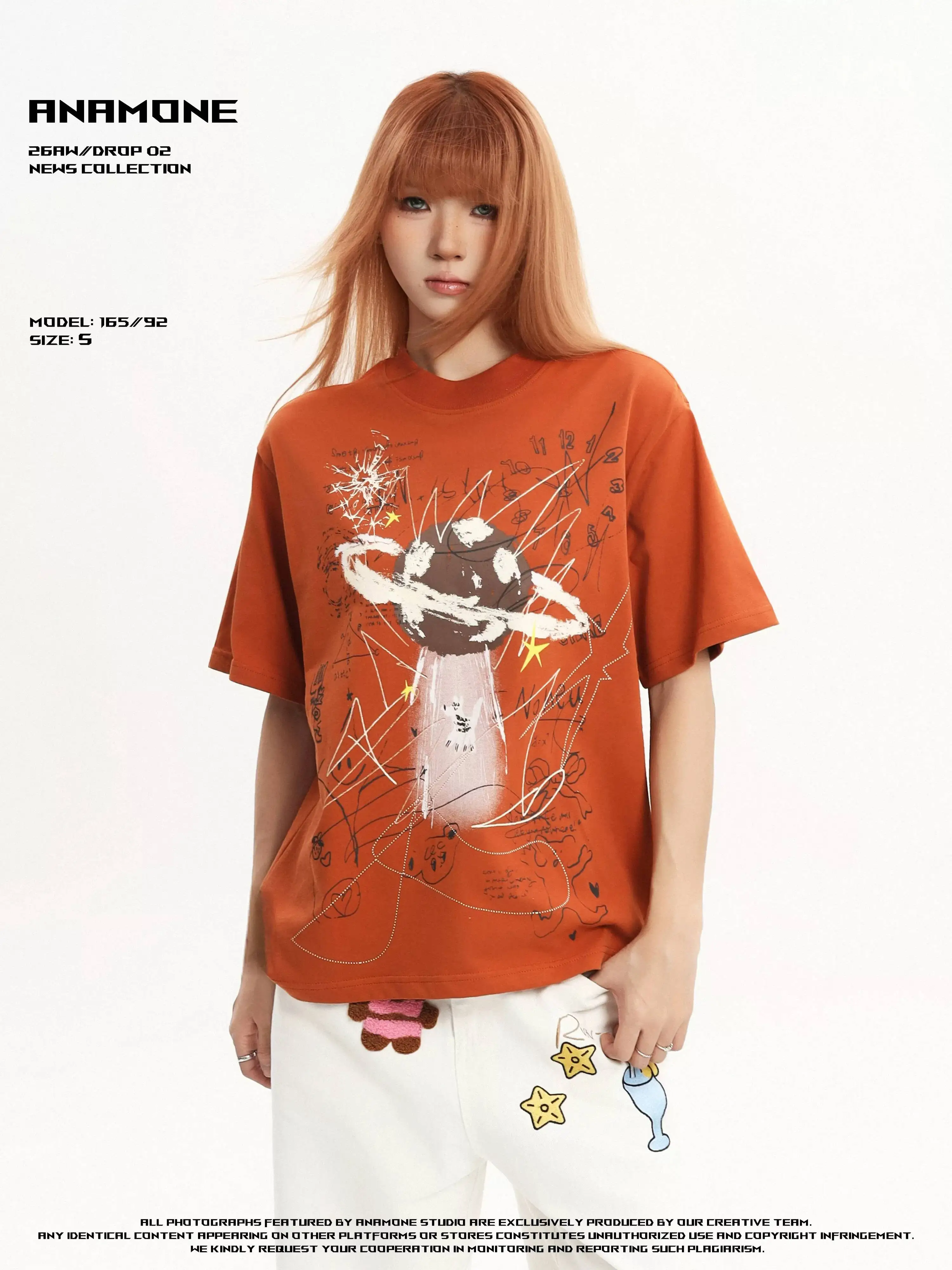 

Unisex Casual T-shirt 2026 New Summer Women's Orange Short Sleeve T Shirt UFO Graffiti Print Artistic Loose Casual Soft Top