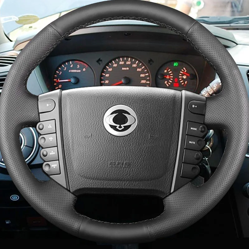 

Hand Stitched Nappa leather Black stitching For Ssangyong Rexton Rexton W Rodius DIY Steering Wheel Cover Accessory