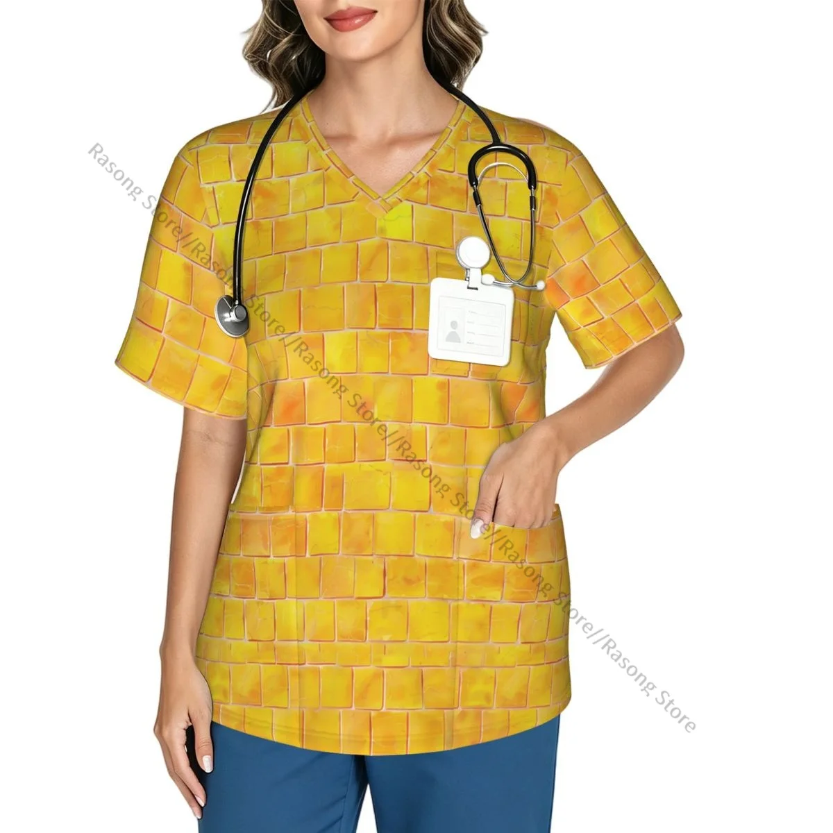 Brick Road Of Yellow Scrubs tops medical uniforms women V Neck Stretch Scrub Shirt Dentist doctor Blouse