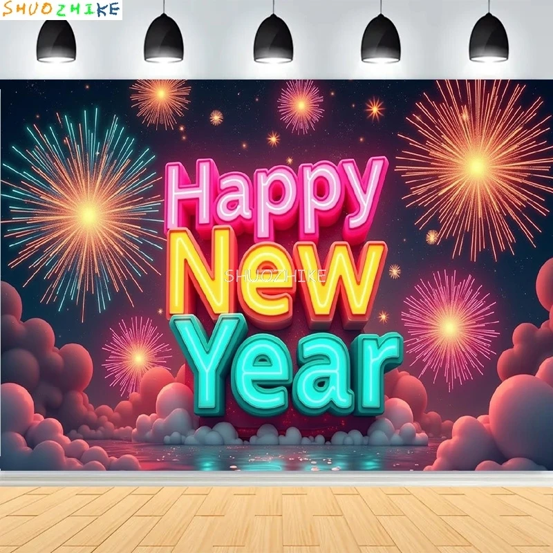 

2026 Gold Happy New Year Background Glitter Clock Champagne Lights Balloons Christmas Family Party Photography Backdrop NY-13