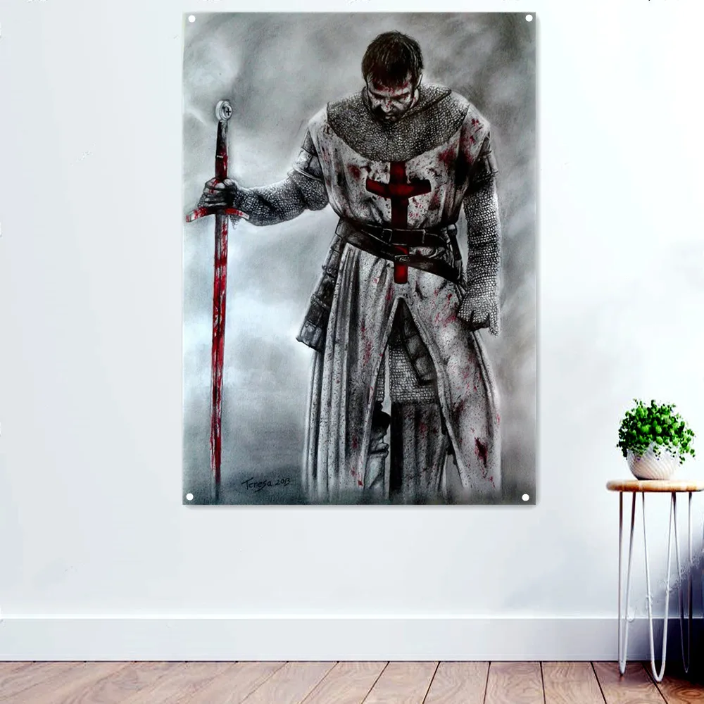 Knights Templar Armor Wall Art Flag Canvas Painting Kingdom of Heaven Movie Poster Ancient Battlefield Christian Crusader Banner