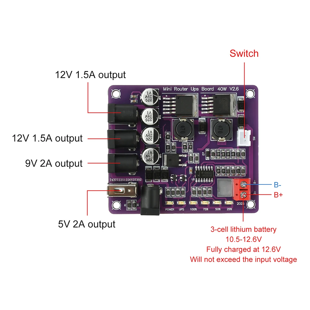 4-Port Uninterruptible Power Supply 40W 12V/9V/5V Output 4-Level Battery Monitor Overvoltage/Short Circuit Protection for Router