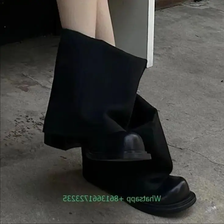 

Big Round Toe Denim Turned-Over Edge Boots 2025 New Fashion Women Black/blue Mid-Calf Trouser Boots Chunky Heel Cowboy Boots