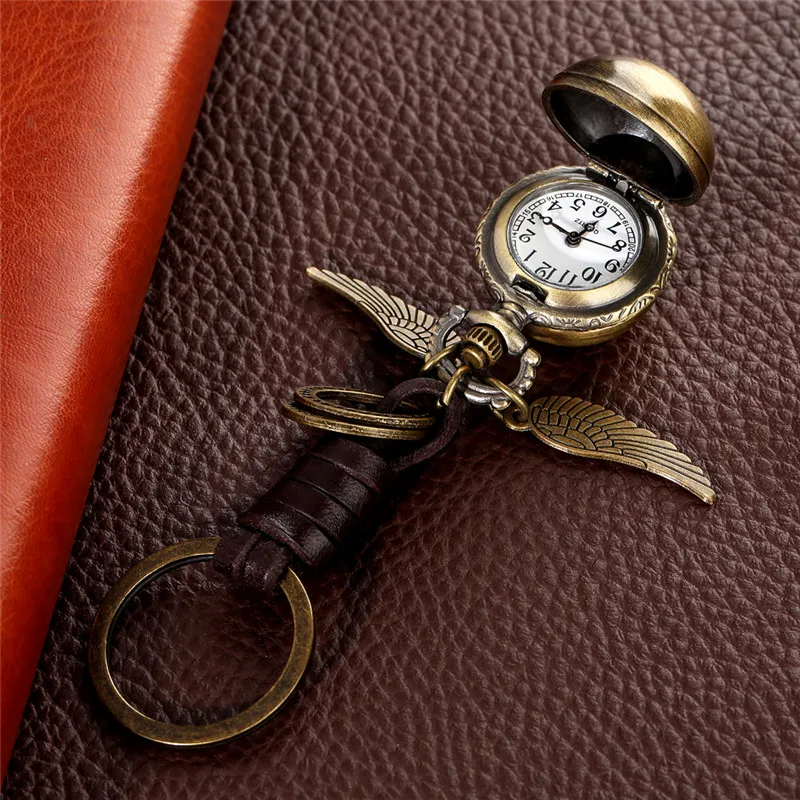 Steampunk Round Ball Shape Watches with Wings Men Women Pendant Quartz Pocket Watch Key Chain Rope Arabic Number Timepiece Gift