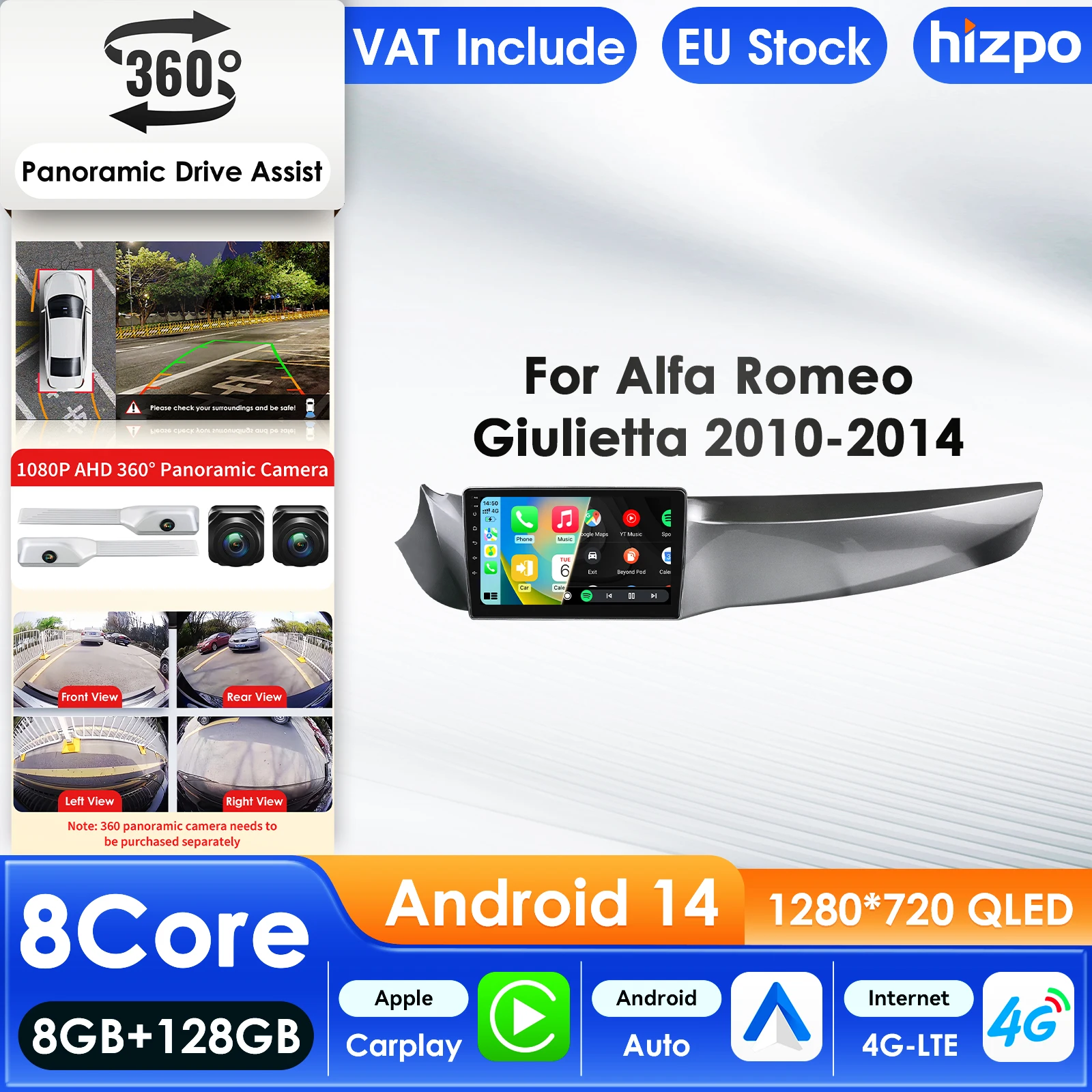 Hizpo 2 Din Android 13 Lettore multimediale per auto per Alfa Romeo Giulietta 2010-2014 Furgonato Carplay 4G Wifi Autoradio 360 Camera