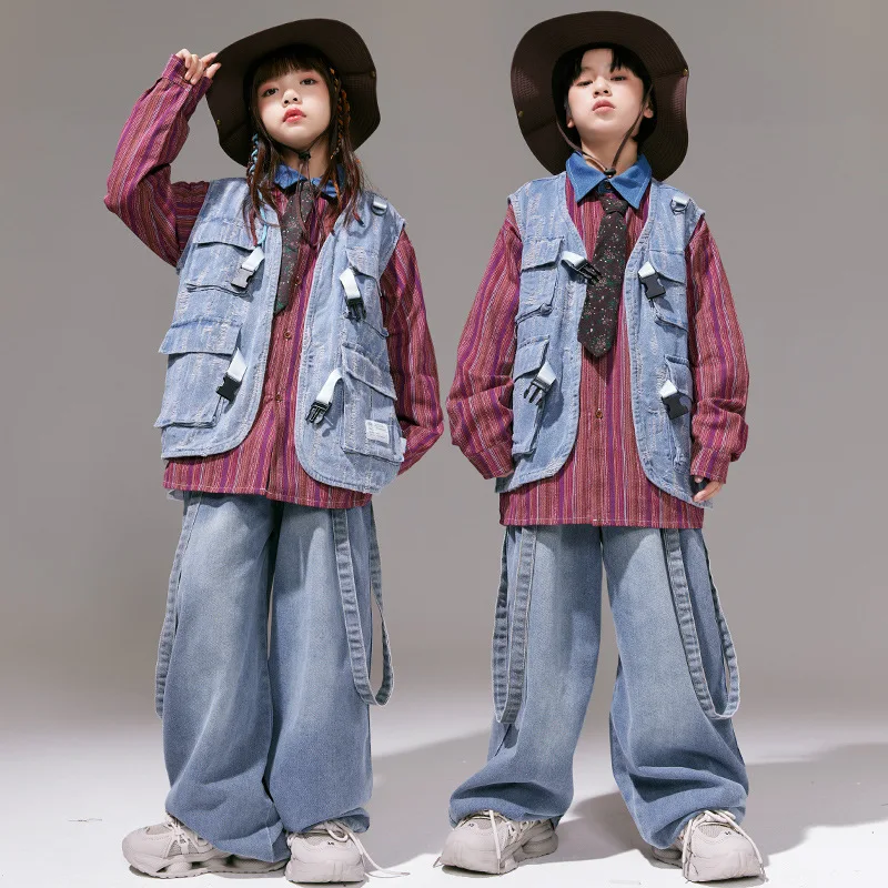 Kids Jazz Performance Clothes Hip Hop Dance Costume for Girls Kpop Outfit Boys Striped Shirt Jeans Street Dance Drum Stage Wear