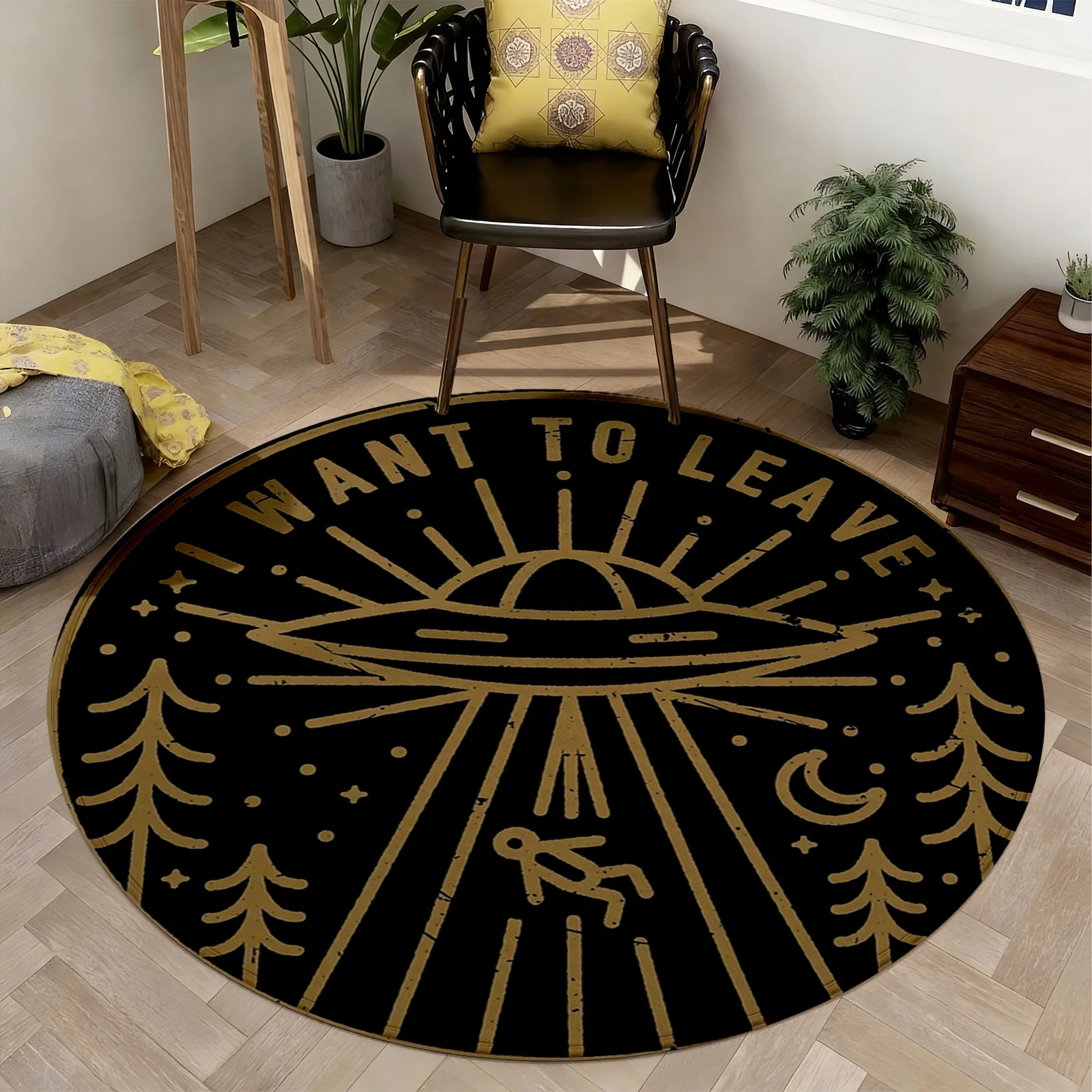 Bohemian Celestial Astrology Zodiac Star Map Round Area Rug Black Gold Witchy Bohemian Decor for Living Room Bedroom Mat