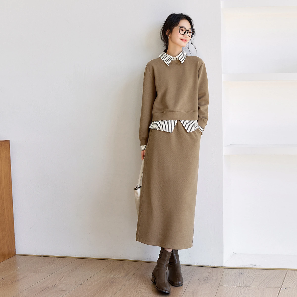 VIMLY Dames Casual Rok Set 2025 Herfst Nieuwe Mode Contrast Kraag Gebreide Trui Tops Eenvoudige Rechte Lange Rokken 73576