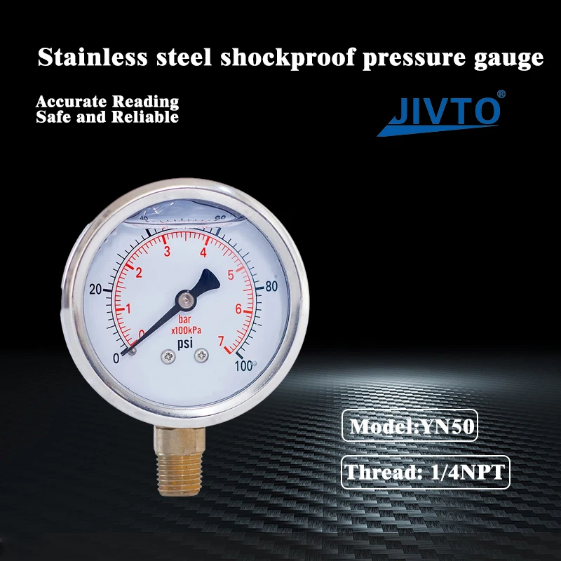 JIVTO mit Glyzerin gefülltes Compound-Manometer, 2 Zoll Durchmesser, 1/4 NPT, untere Montage, -30 Zoll Hg-30,30, 60,100,160, 200,300,600 psi und Bar – Detail 1