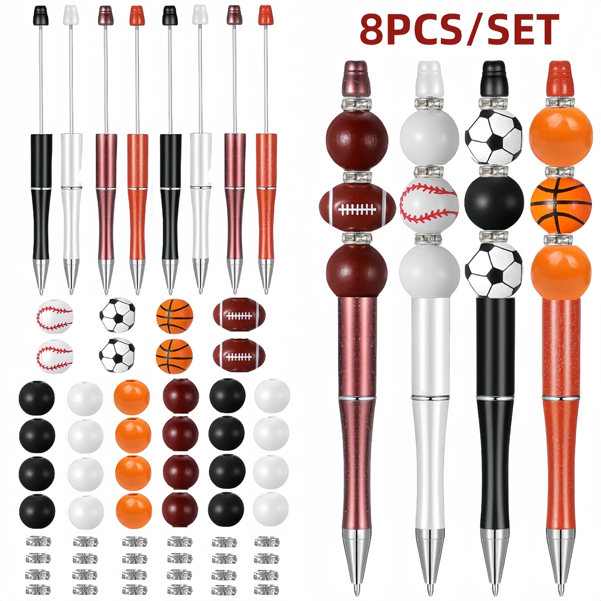 8PCS Rugby Softball Football Basketball Sports Ball Theme DIY Beaded Ballpoint Pen and Wooden Acrylic Bead Set