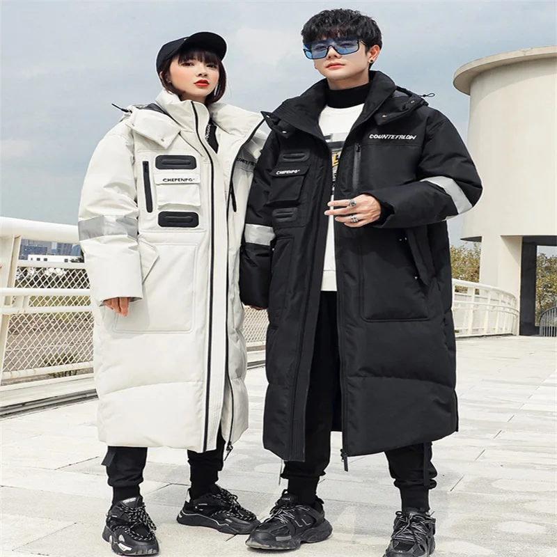 

Winter Thiened down Jaet Youth Faionable Couples Outerwear Polyester Fiber White Du down Hooded Mid-Length Coat