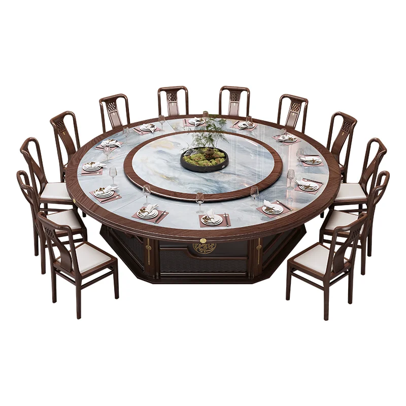 

Hotel electric dining table large round table new Chinese solid wood rock slab hot pot table hotel clubhouse box 20 people dinin