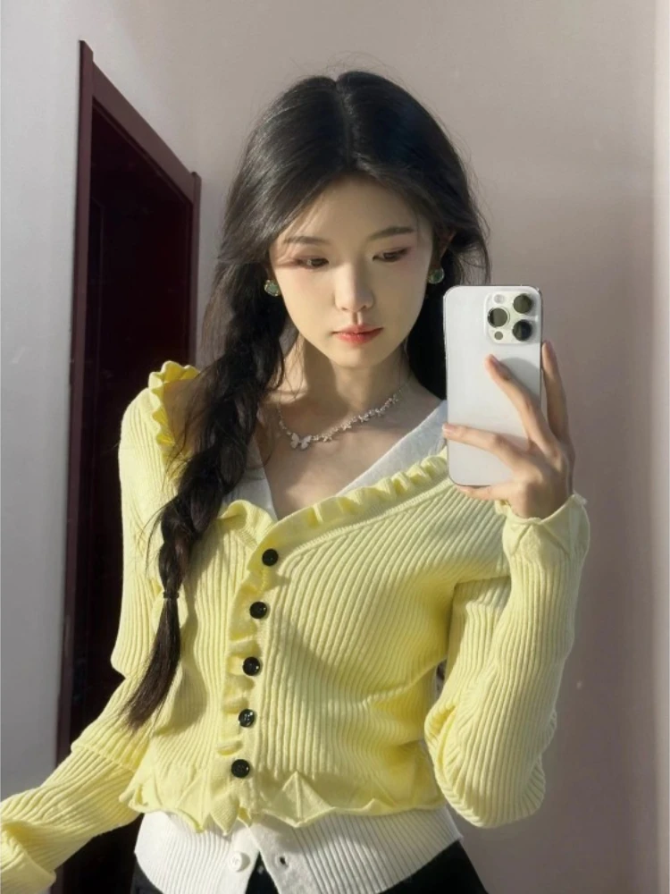 

Sweet V-neck Ruched Single Breasted Cardigan 2024 Autumn New Lazy Sweaters Mujer Y2k Slim Fit Long Sleeve Knitted Tops Women