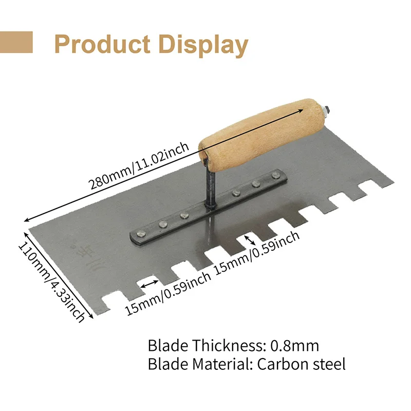 석고 마감 흙손 탄소강 블레이드 목재 손잡이, 타일 벽 건축에 사용, 크기 28cm x 11cm, 15mm 사각 톱니