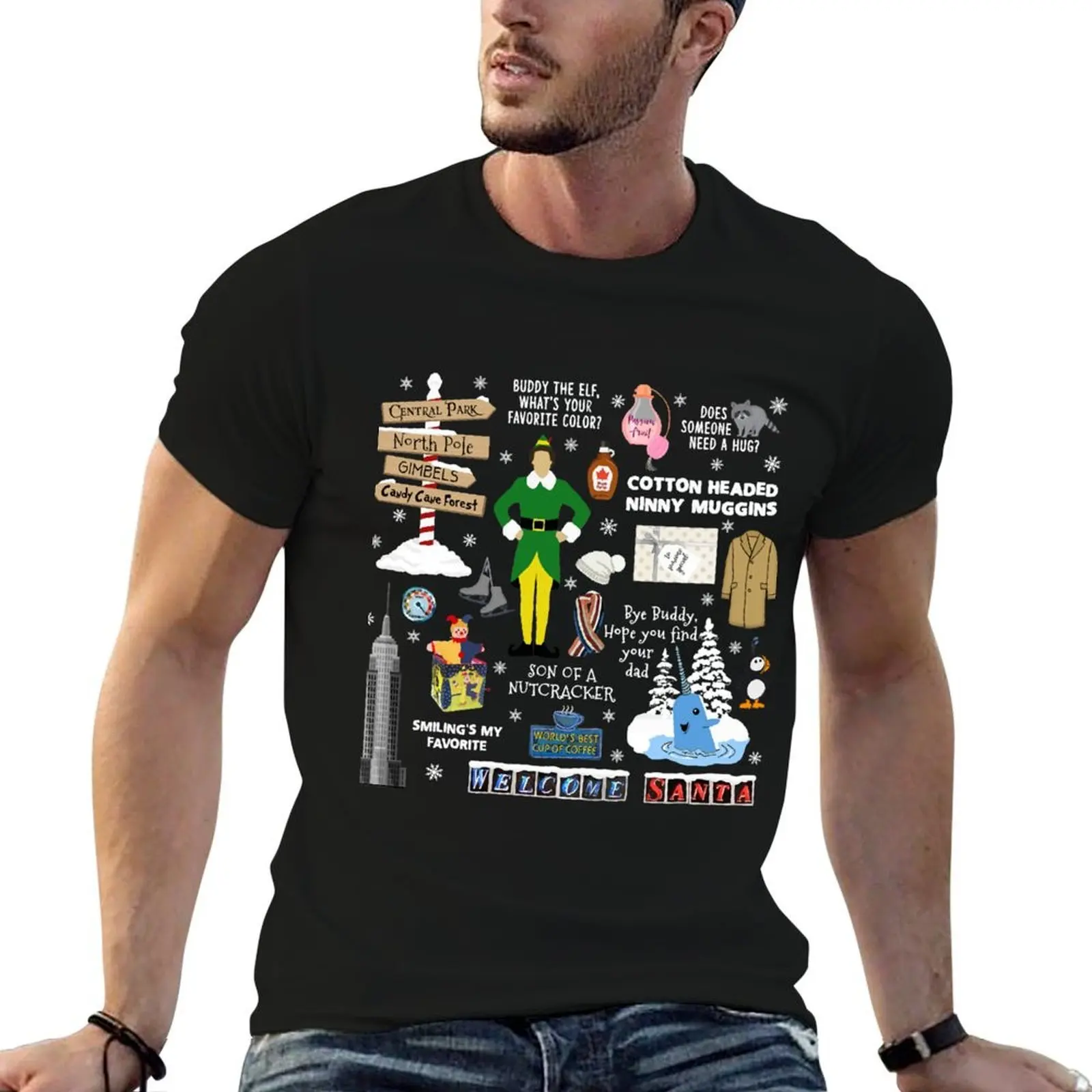 Buddy the Elf collage Red background T-Shirt hippie clothes heavyweights funny t shirts for men
