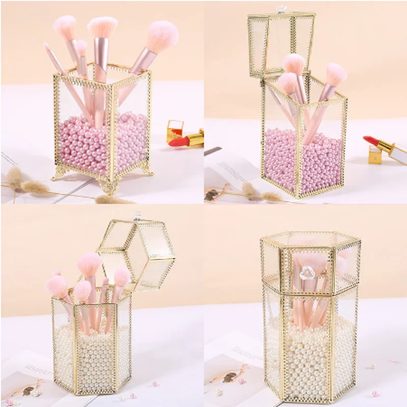 

Glass Makeup Brush Box Holder Jewelry Box Pencil Bucket Makeup Organizer Desktop Cosmetic Storage Box Pearls Barrel ZM827