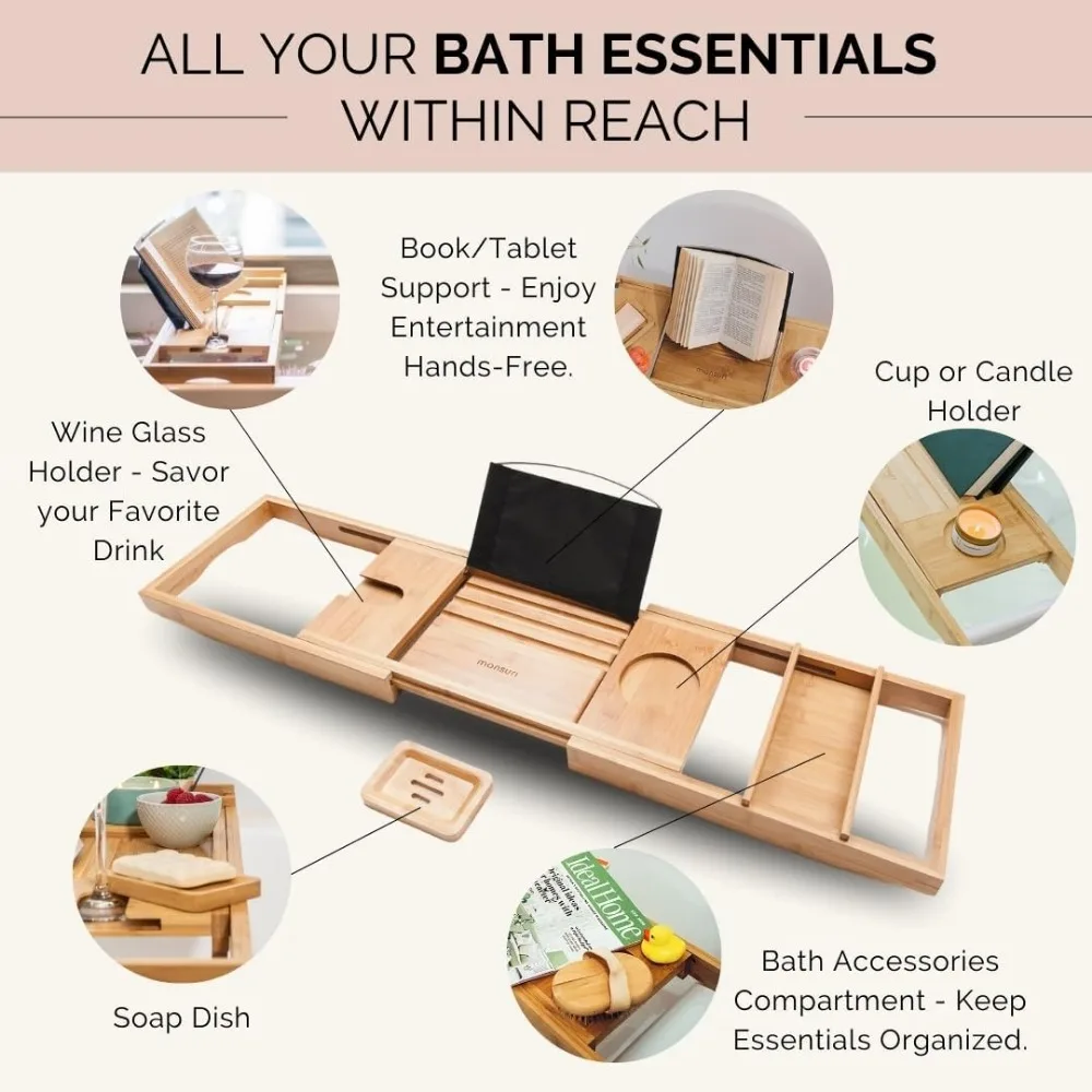 

Expandable Bamboo Bathtub Tray Caddy - Adjustable Spa Bath Accessories for Women Relaxing Gifts
