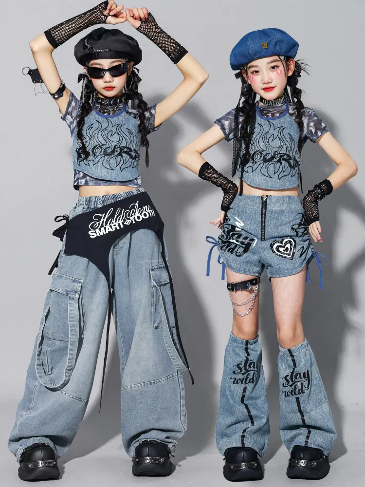 Kids K-pop Star Sequin Crop Top Cargo Pants Children Street Dance Suit Girls Hip Hop Streetwear Jazz Girl Group Clothes Sets