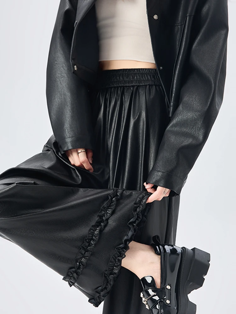 

High Waist PU Leather Wide Leg Pants Women's Casual Loose Sle with Wooden Detailing Ci Walk Suitable Straight Cut